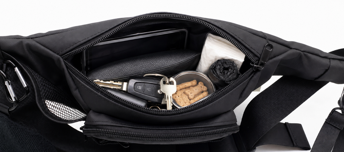 Geöffnete Gassitasche mit Handy, Schlüssel, Leckerlis und weiterem Zubehör